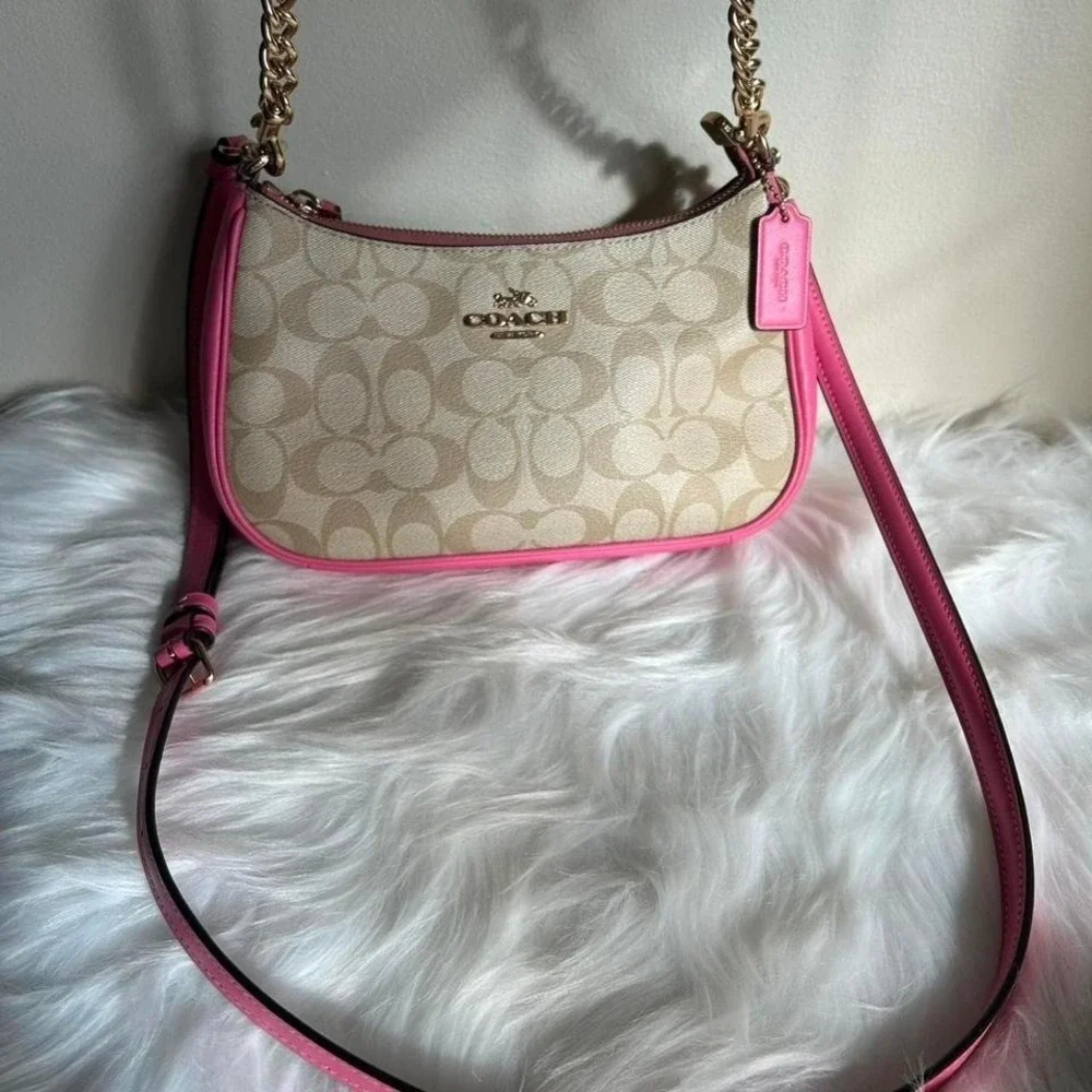 Coach Teri Shoulder Bag Signature Canvas Pink Leather Trim Khaki Gold CA548 - Picture 4 of 8